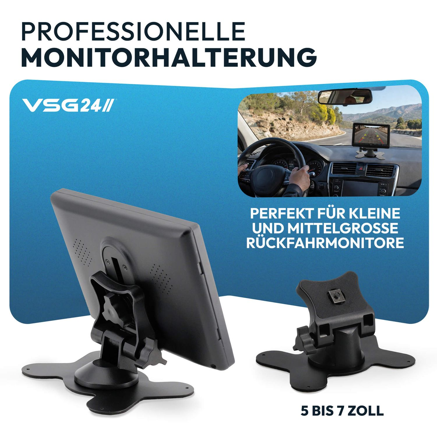 Monitorhalterung mit Saugnapf und verstellbarem Arm für 5-7 Zoll Bildschirme.
