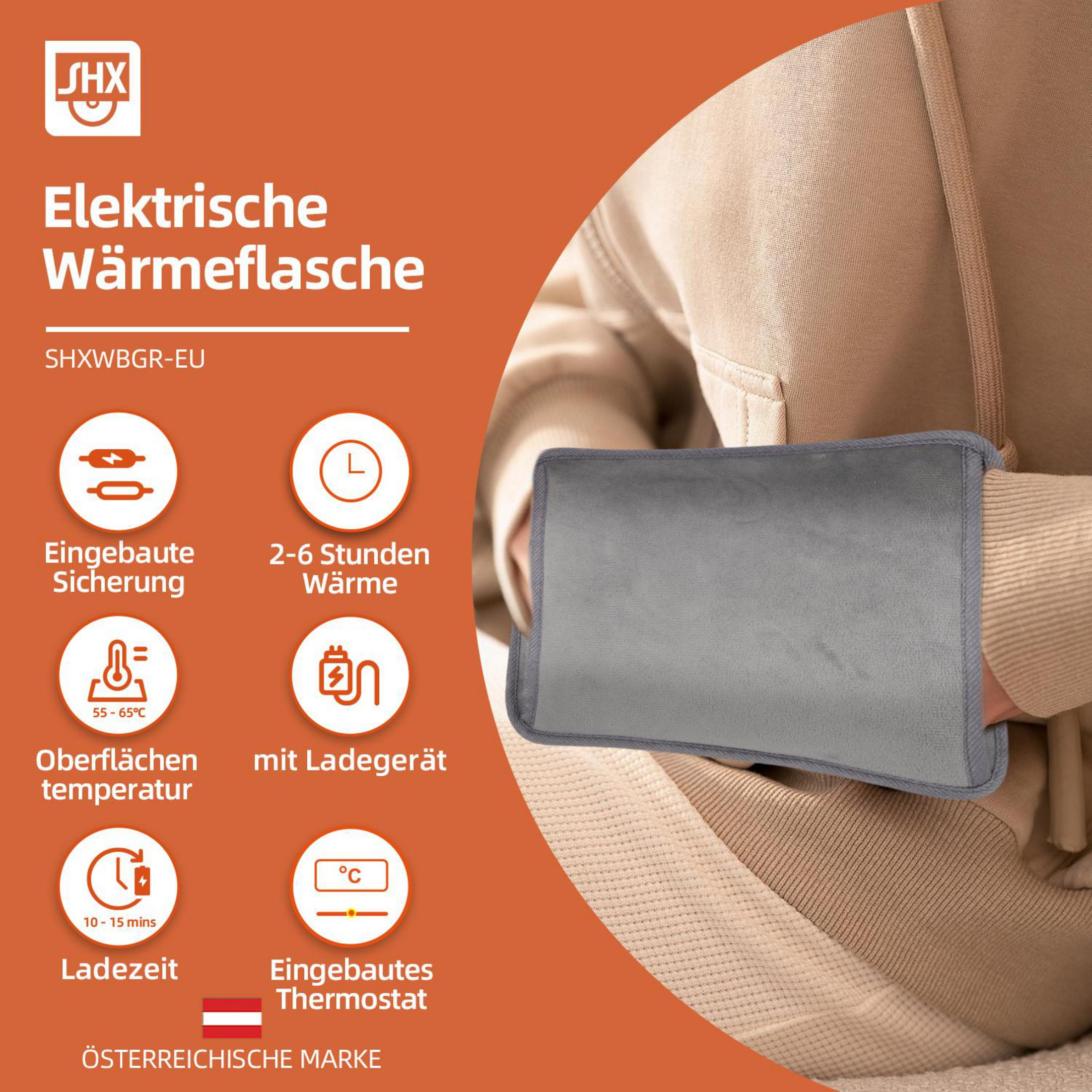 Borsa termica elettrica grigia con sicurezza integrata, calore 2-6 ore, temperatura 55-65°C.