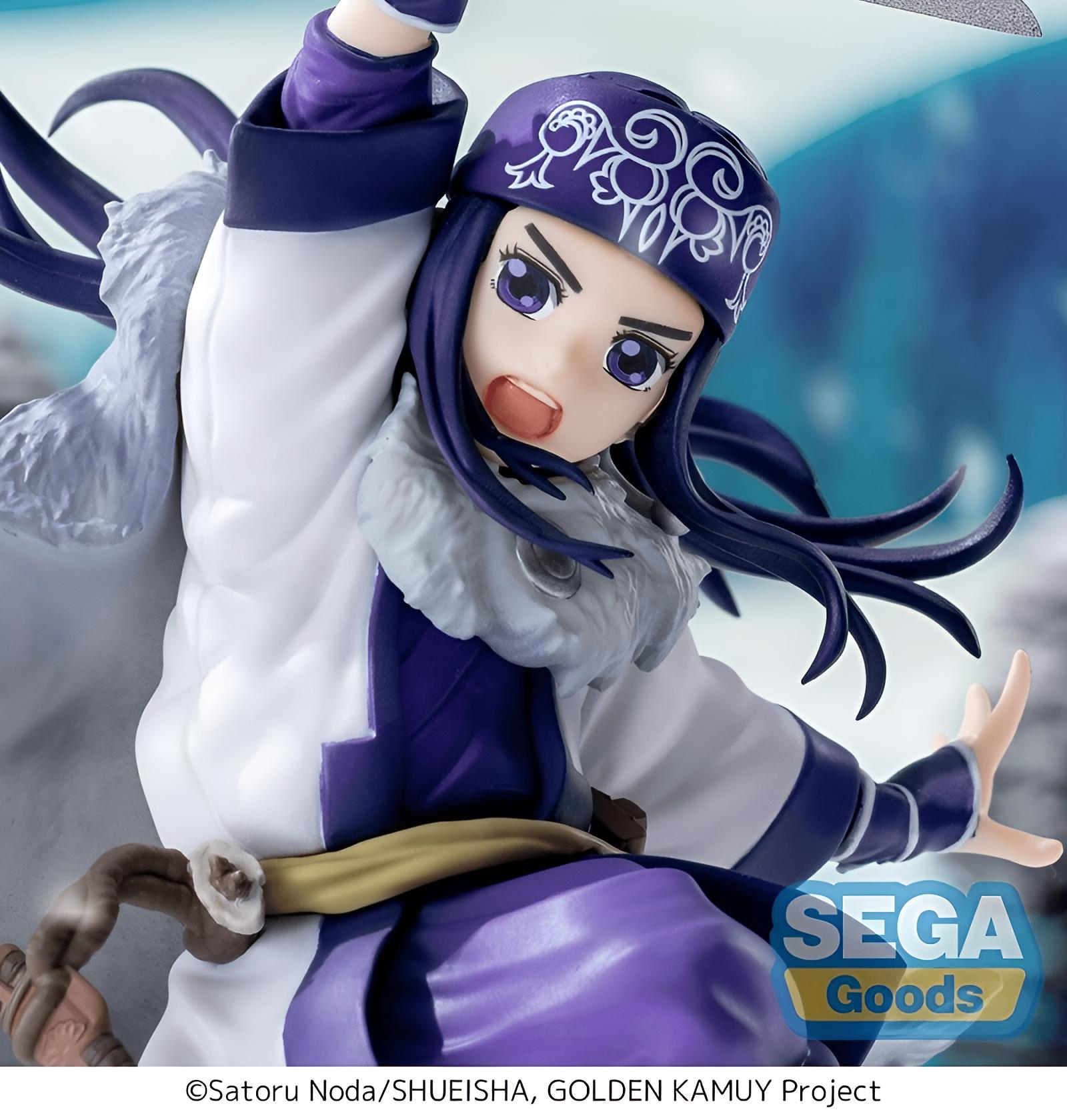 Eine Figur von Asirpa in weißer und violetter Kleidung, mit einem Schwert.