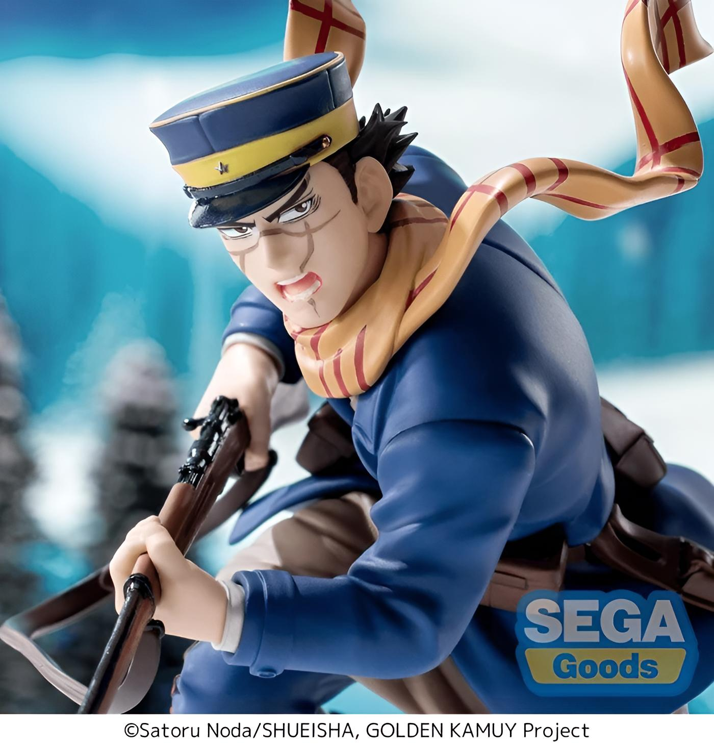Eine Figur eines Mannes mit blauer Uniform, Hut und Schal, der ein Gewehr hält.