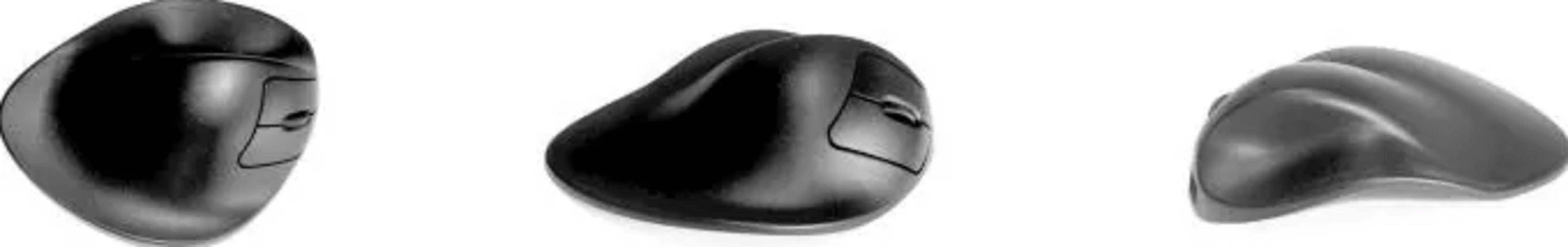 Eine schwarze Computermouse in drei Ansichten auf weißem Hintergrund.
