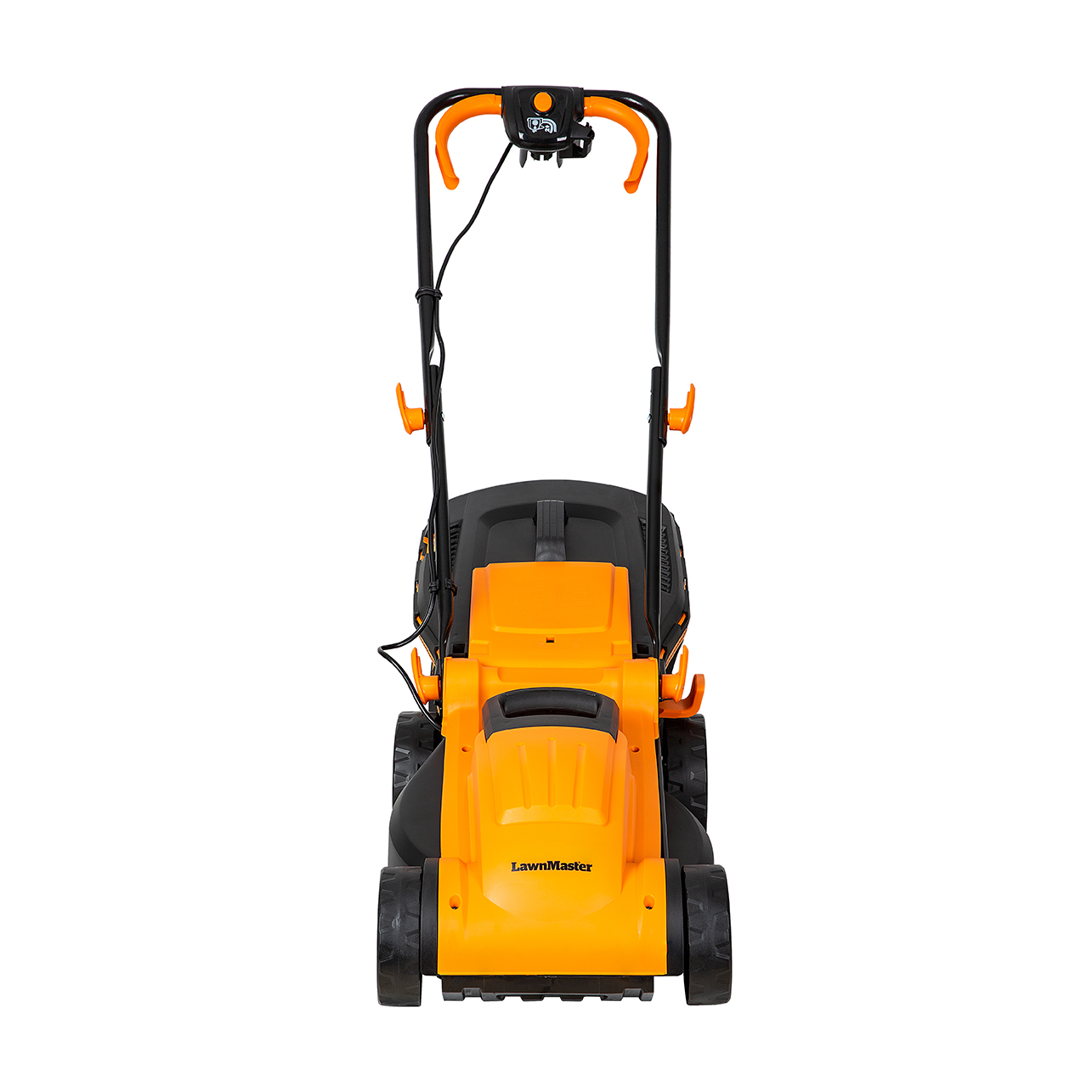 Ein orangefarbener Rasenmäher mit schwarzen Rädern und Griffen steht vor weißem Hintergrund.
