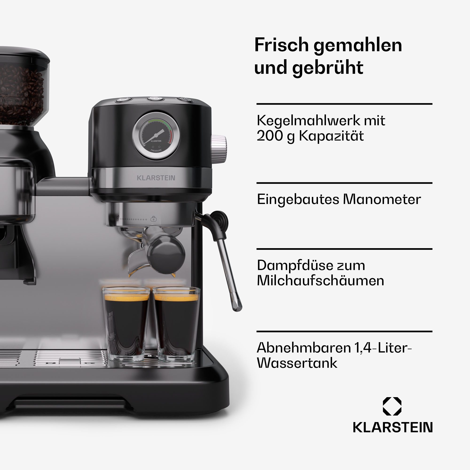 Máquina de café con molinillo, dos vasos de espresso, manómetro y vaporizador.