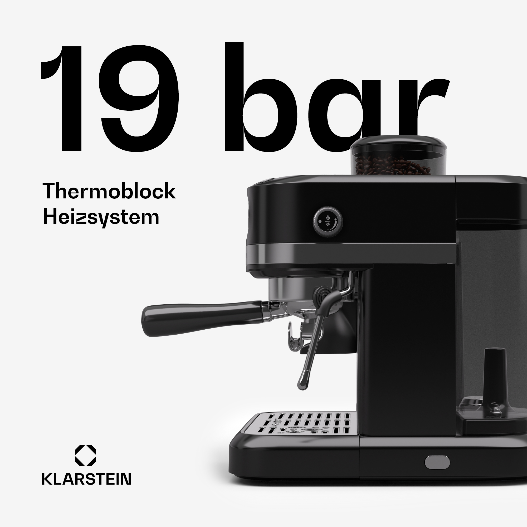 Cafetera negra de 19 bar con sistema de calentamiento thermoblock.