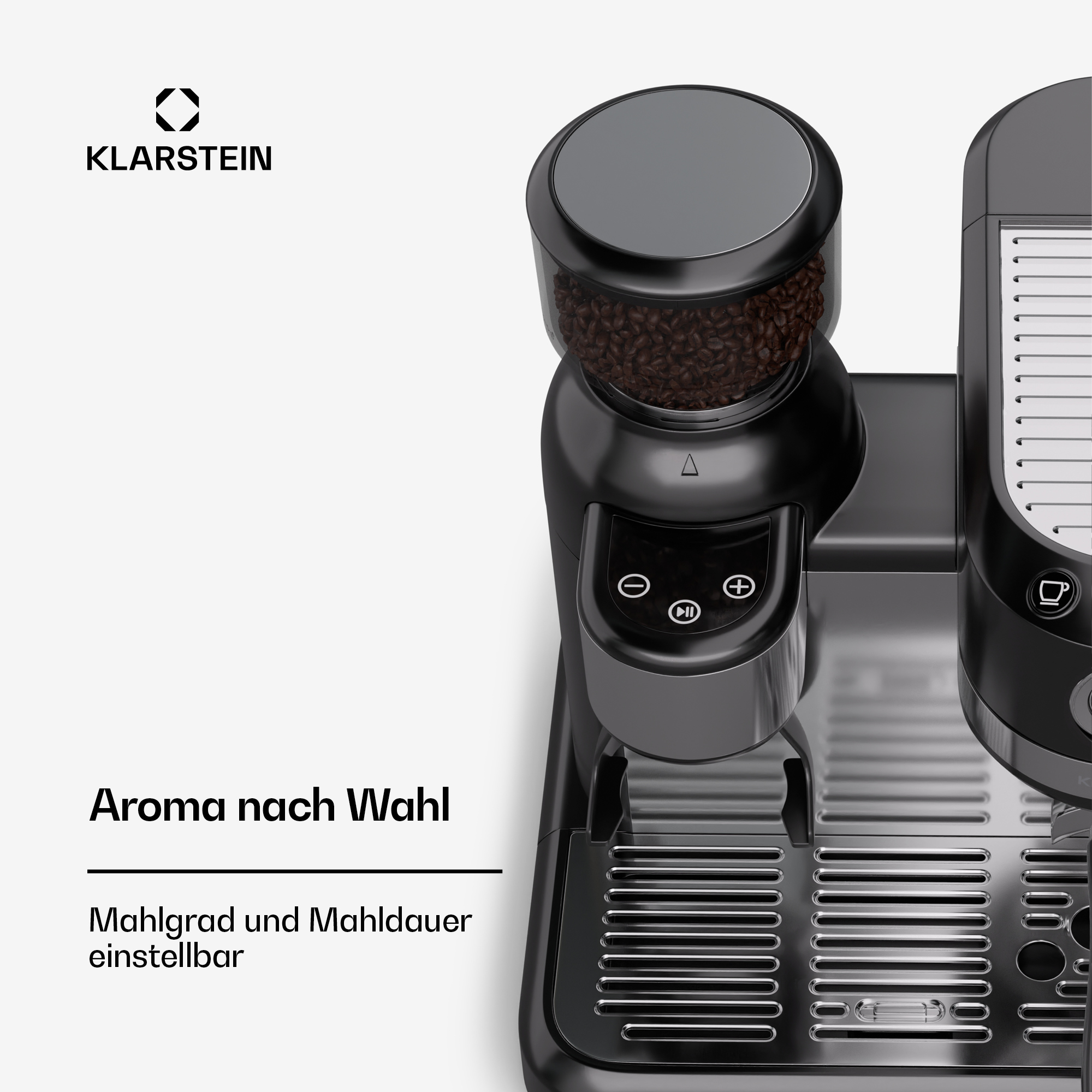 Cafetera con depósito de granos, molinillo y botones de control.