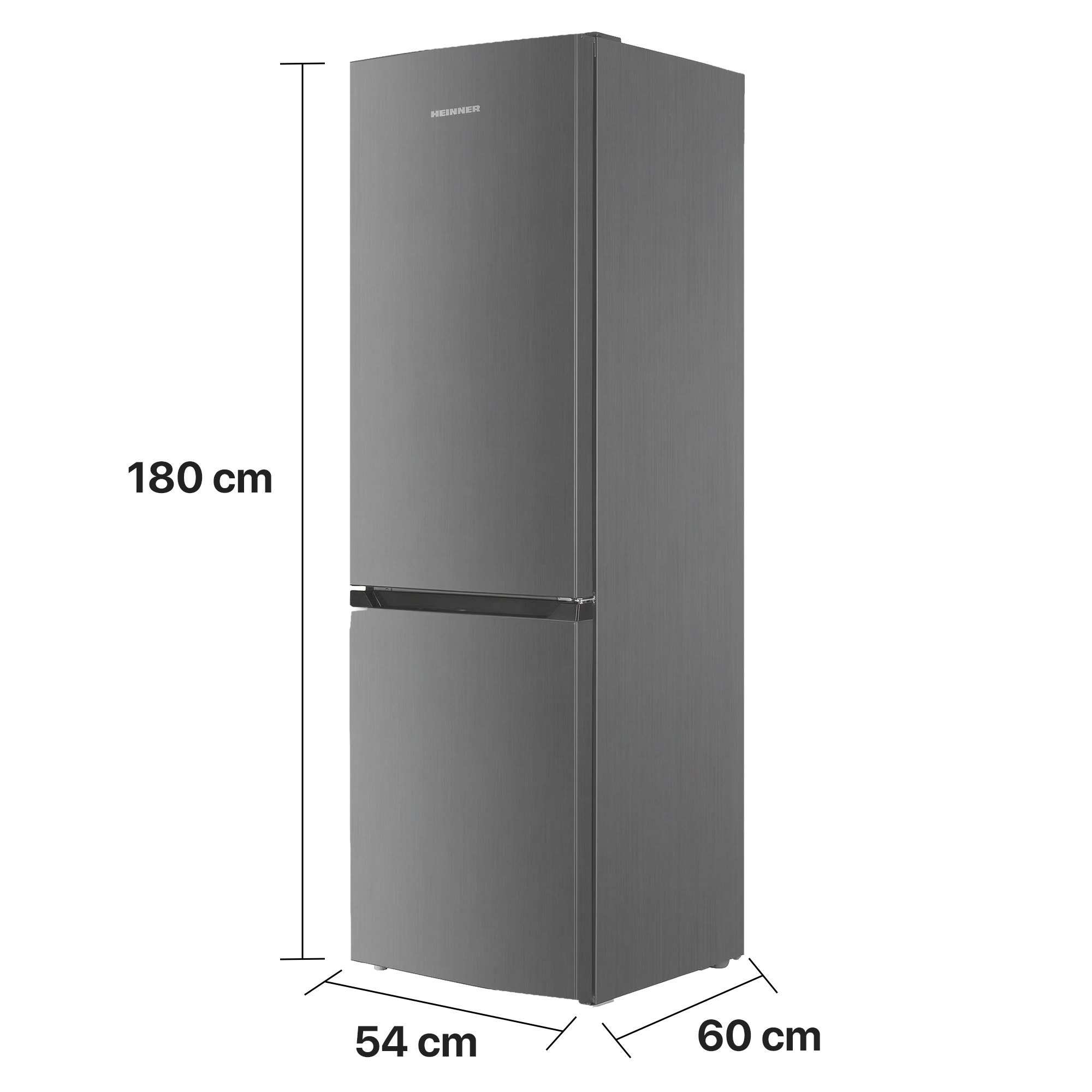 Grijze koelkast van 180x54x60 cm met HEINNER-logo.