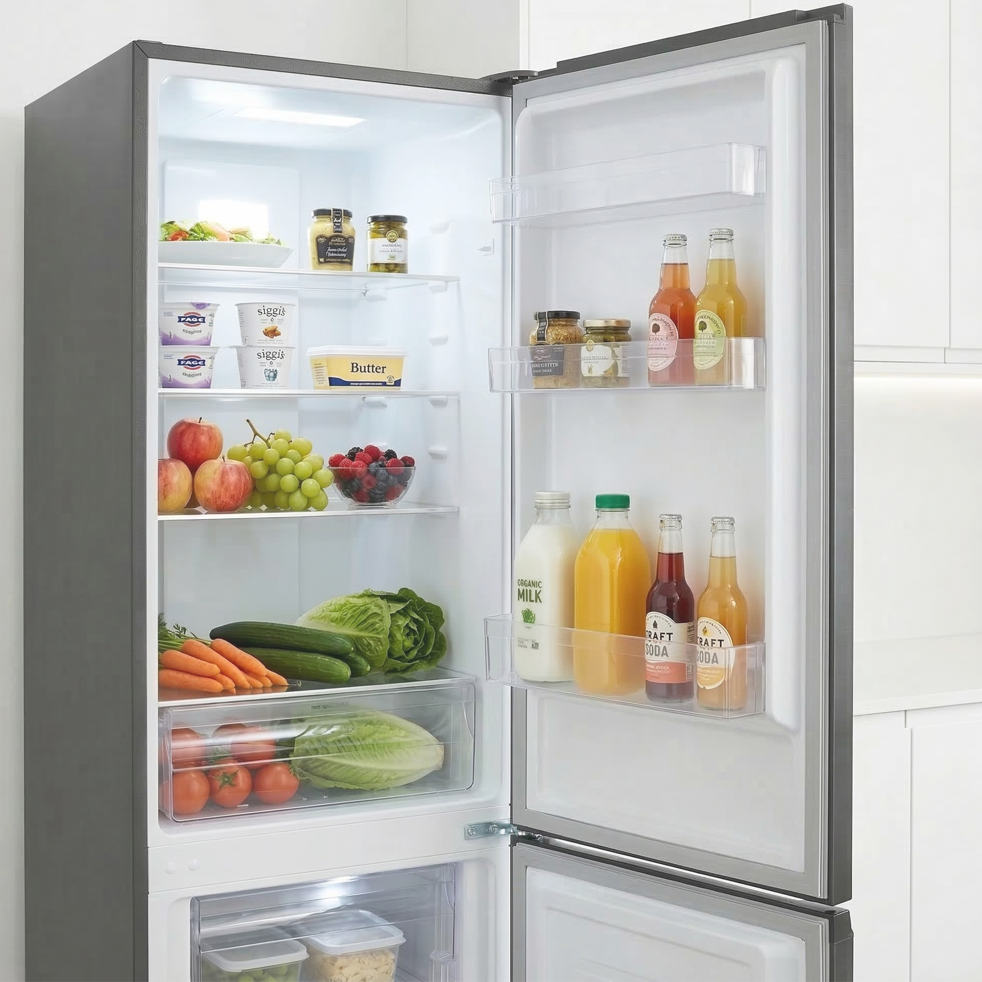 Een open koelkast met fruit, groenten, yoghurt, boter, flessen en potten.