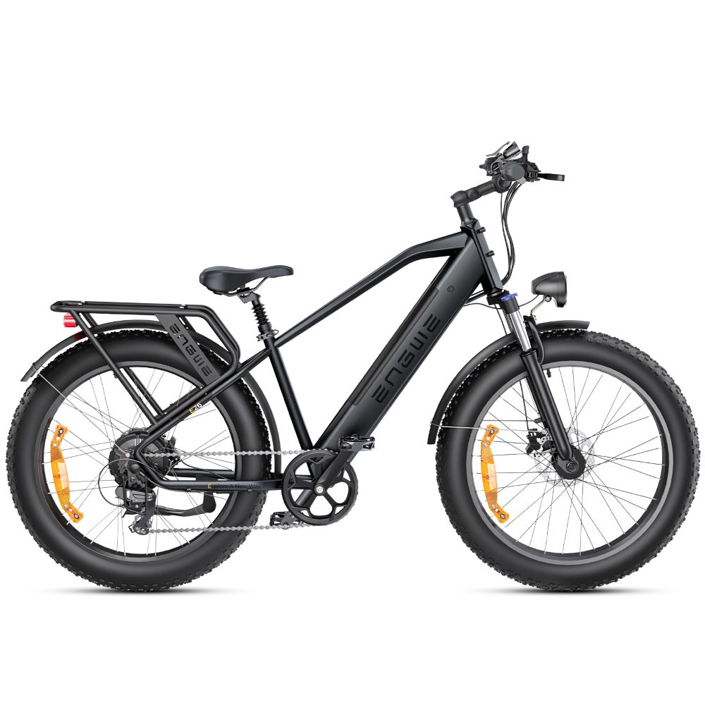 Bicicleta eléctrica negra con neumáticos anchos, portaequipajes y faro.