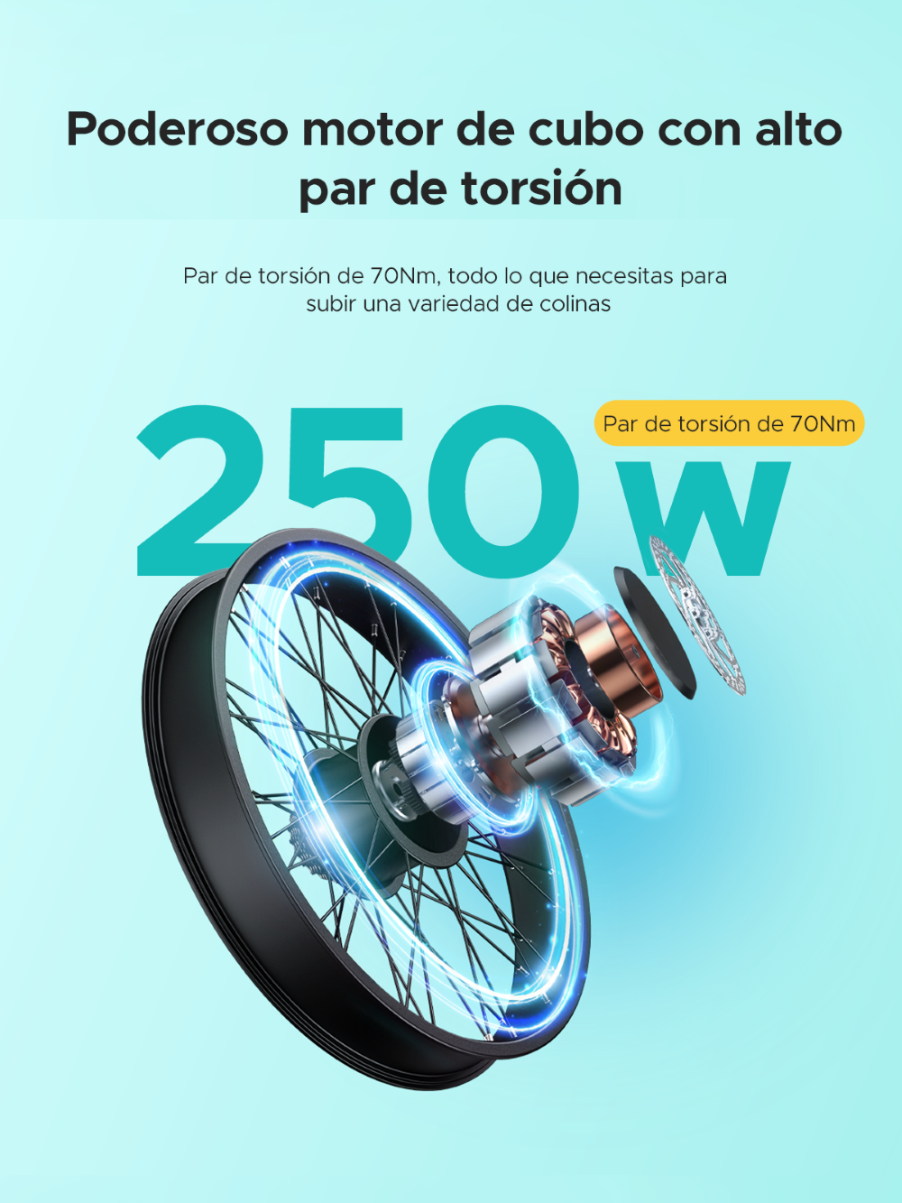 Un motor de cubo de 250W con 70Nm de par, mostrado en detalle.