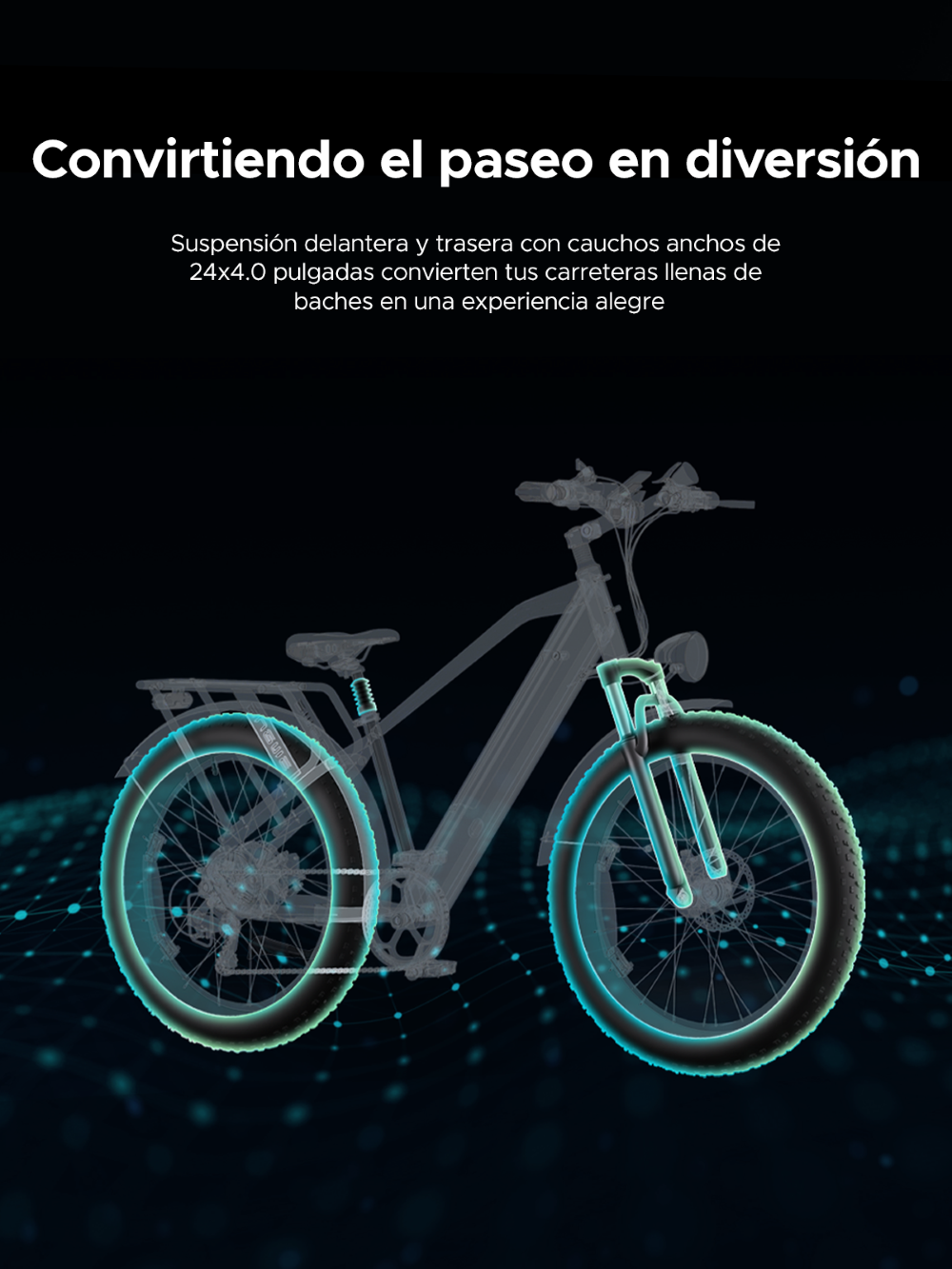 Una bicicleta eléctrica transparente con neumáticos anchos y llantas brillantes.
