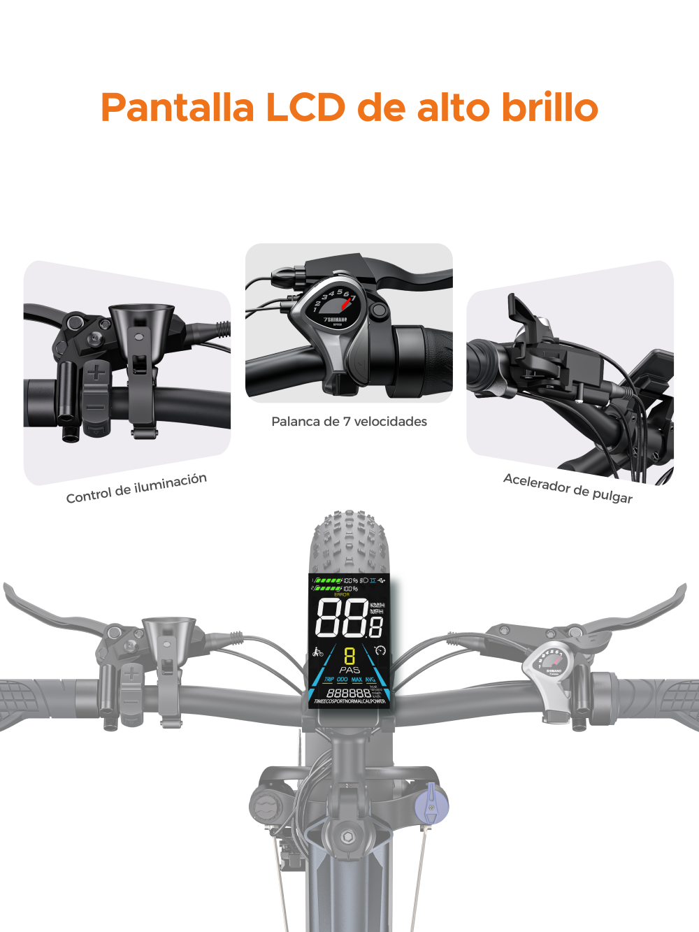 Manillar de bicicleta con pantalla LCD, control de luces, cambio y acelerador.