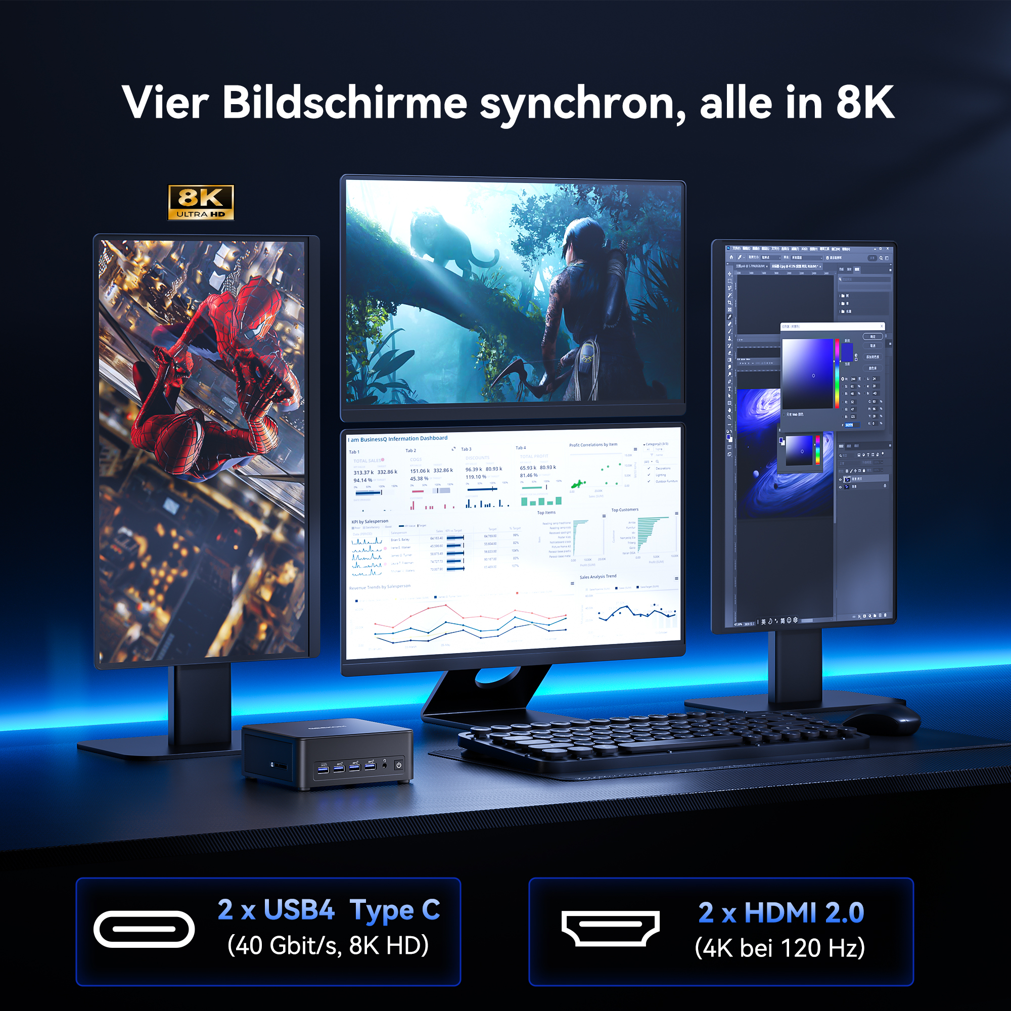 Vier 8K-Bildschirme mit einem Mini-PC, Tastatur und Maus.
