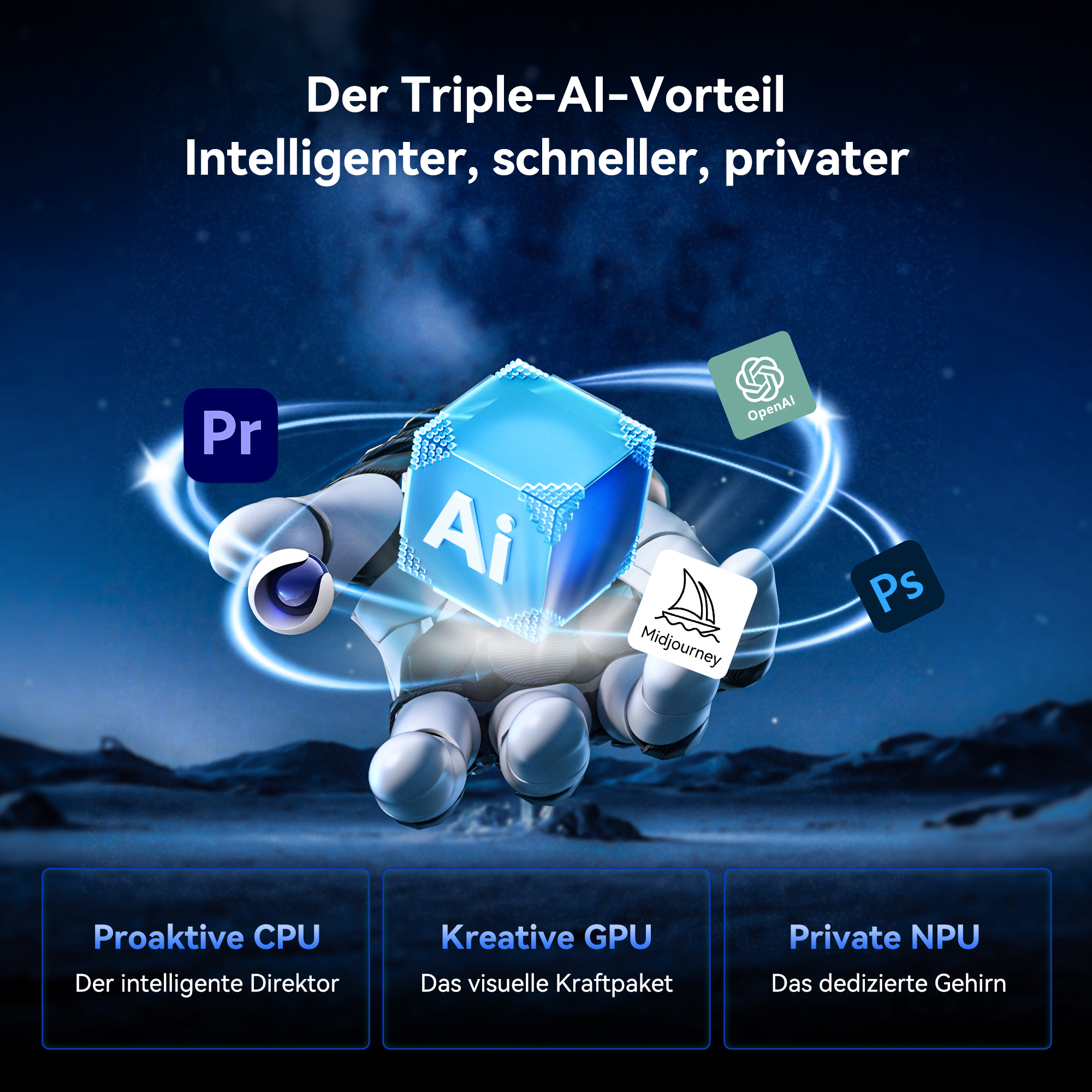 KI-Würfel mit App-Logos, gehalten von Roboterhand, auf dunklem Hintergrund.