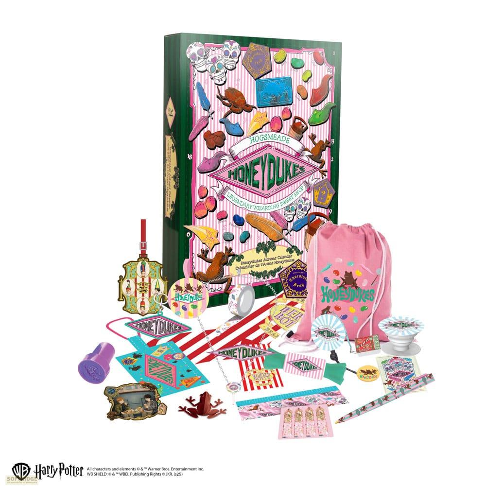 Calendario de adviento Honeydukes de Harry Potter y dulces y merchandising variados.