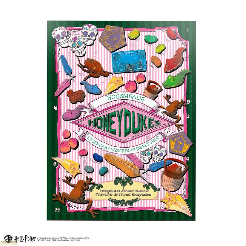 Calendario de Adviento Honeydukes de Harry Potter con dulces mágicos, plumas y calaveras.
