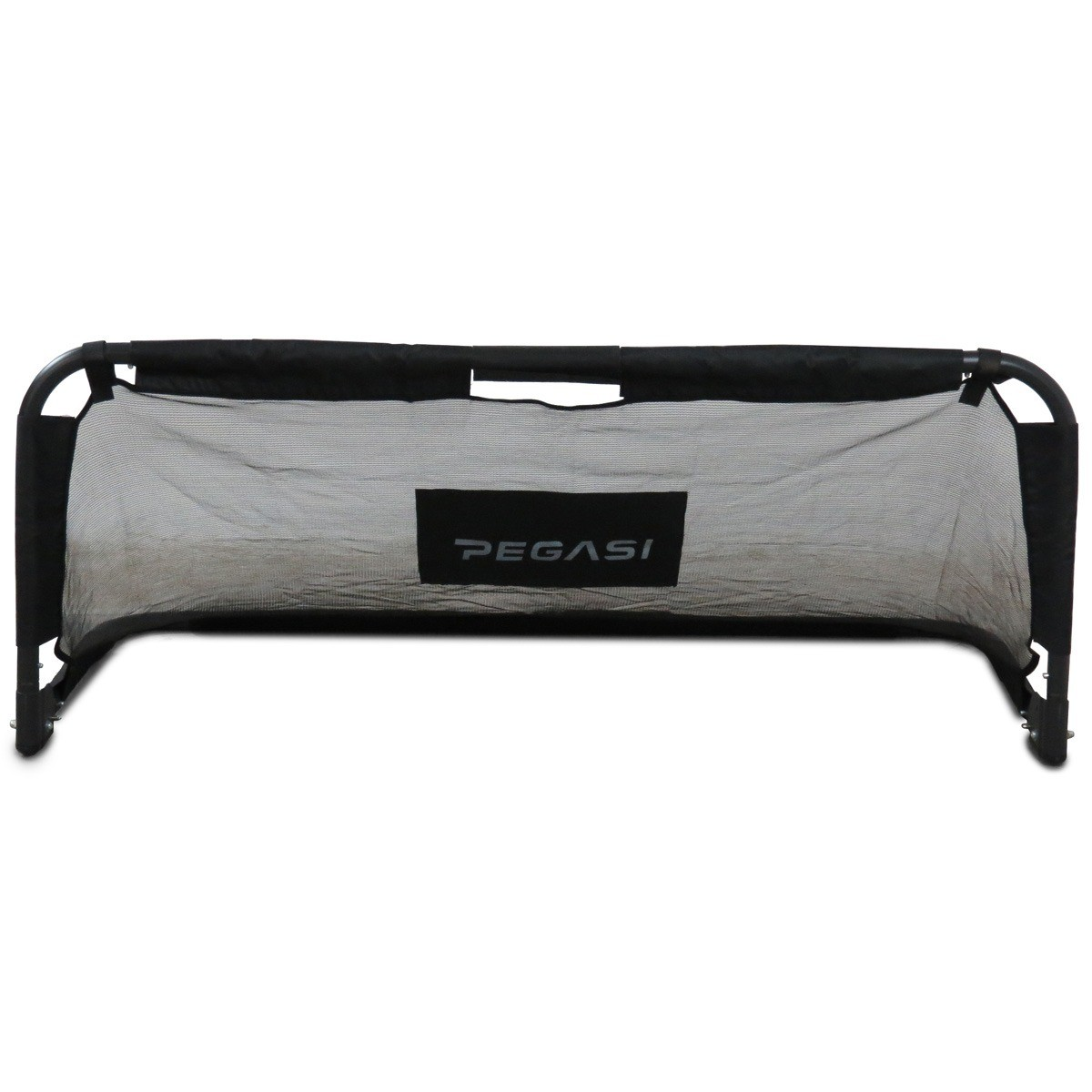 A black soccer goal frame with a net and the Pegasi logo.