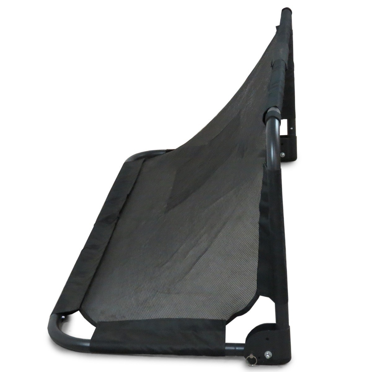A black mesh fabric with a metal frame, angled on one side.