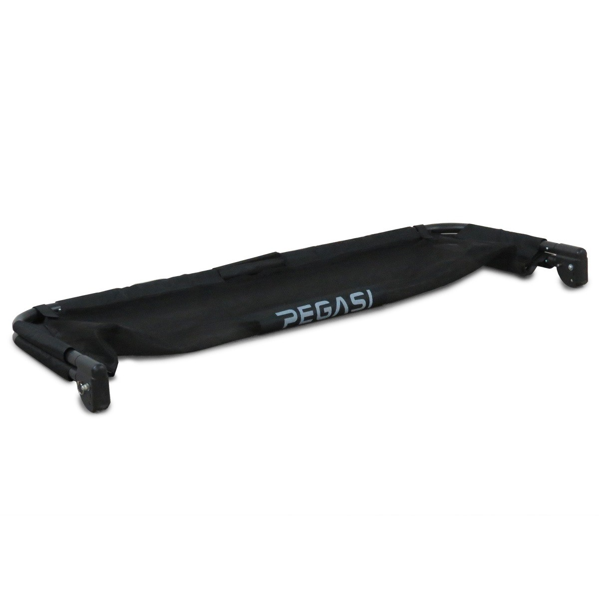 Black foldable bed with PEGAS) logo.