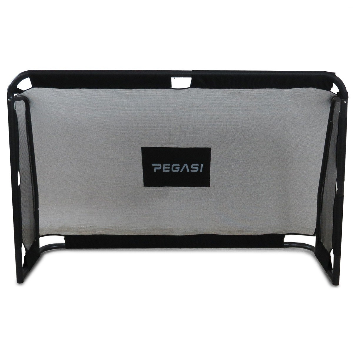 A black soccer goal frame with a net. A black patch with the white 'PEGASI' logo is in the center.