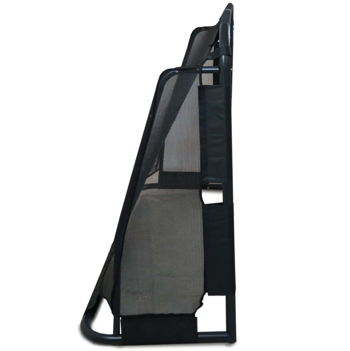 Black mesh fabric with metal frame, seen from the side.
