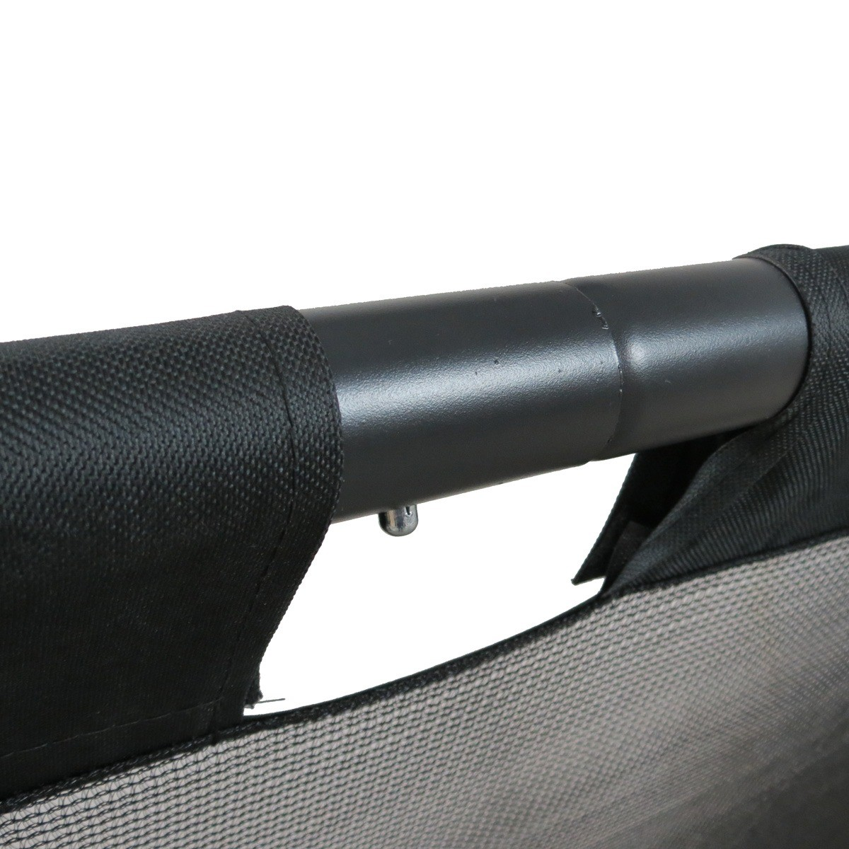 A black metal pole with black fabric strap and mesh fabric against a white background.