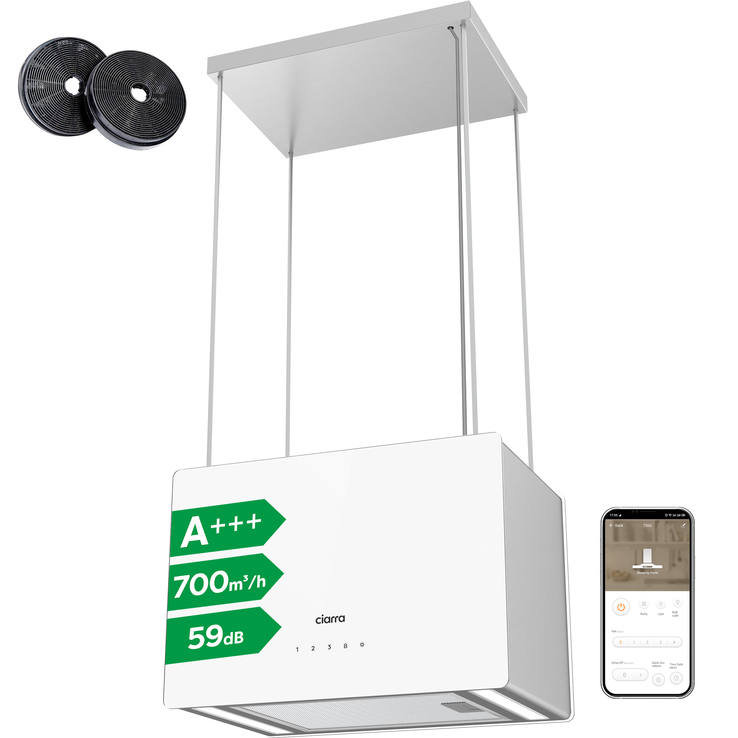 Eine weiße Dunstabzugshaube mit Energieeffizienz A+++, 700m³/h, 59dB. Zwei Filter sind daneben.