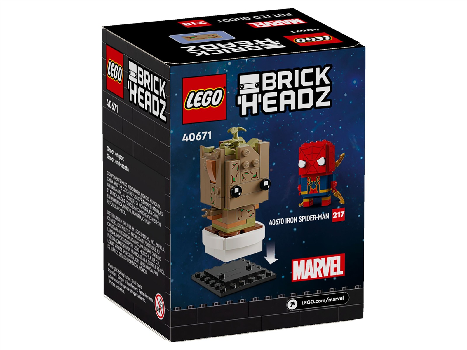 LEGO BrickHeadz-Verpackung mit Groot und Iron Man-Figuren. Dunkler Hintergrund.