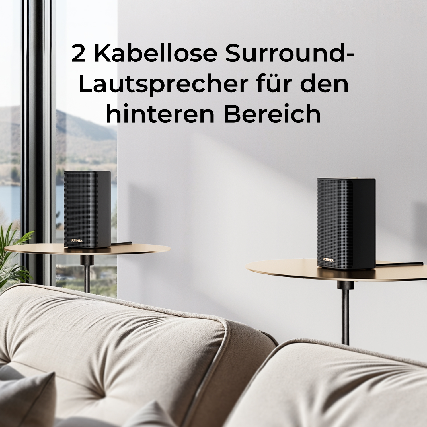 Two black wireless speakers on round tables in front of a window.