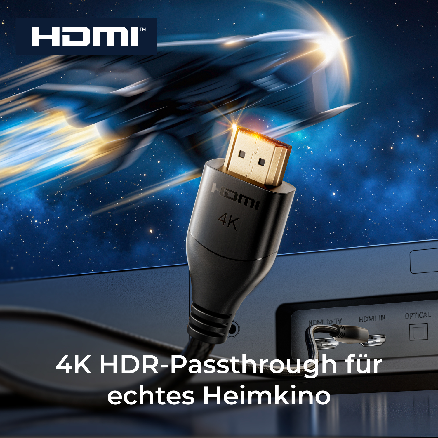 HDMI-Kabel mit 4K-Symbol wird in einen Fernseher gesteckt, Weltraumschiff im Hintergrund.