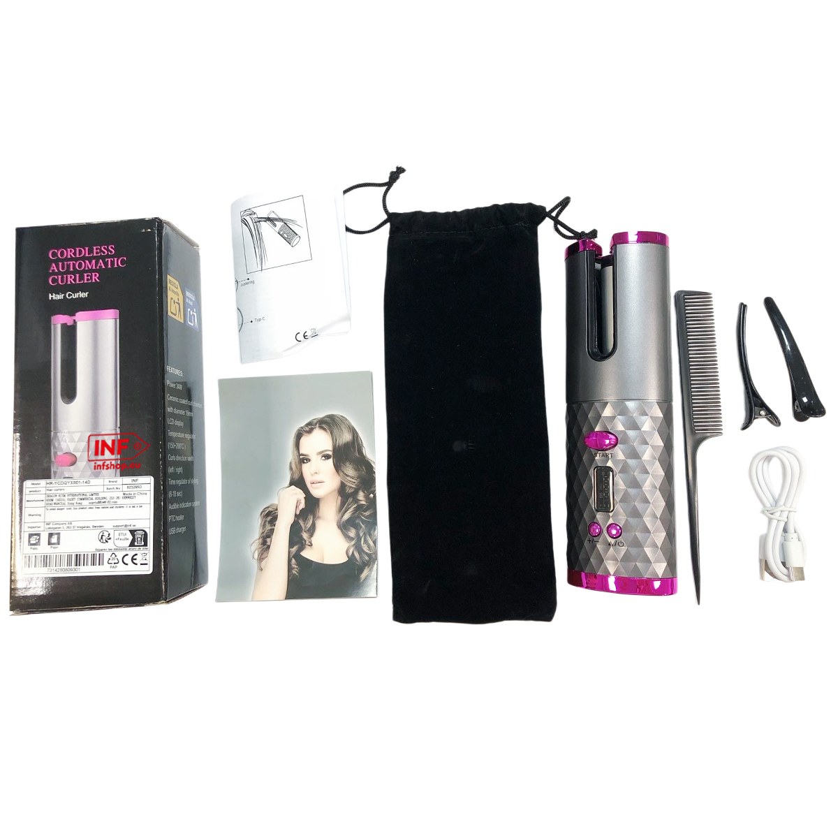 Een draadloze automatische krultang met accessoires: handleiding, etui, kam, clips, USB-kabel.