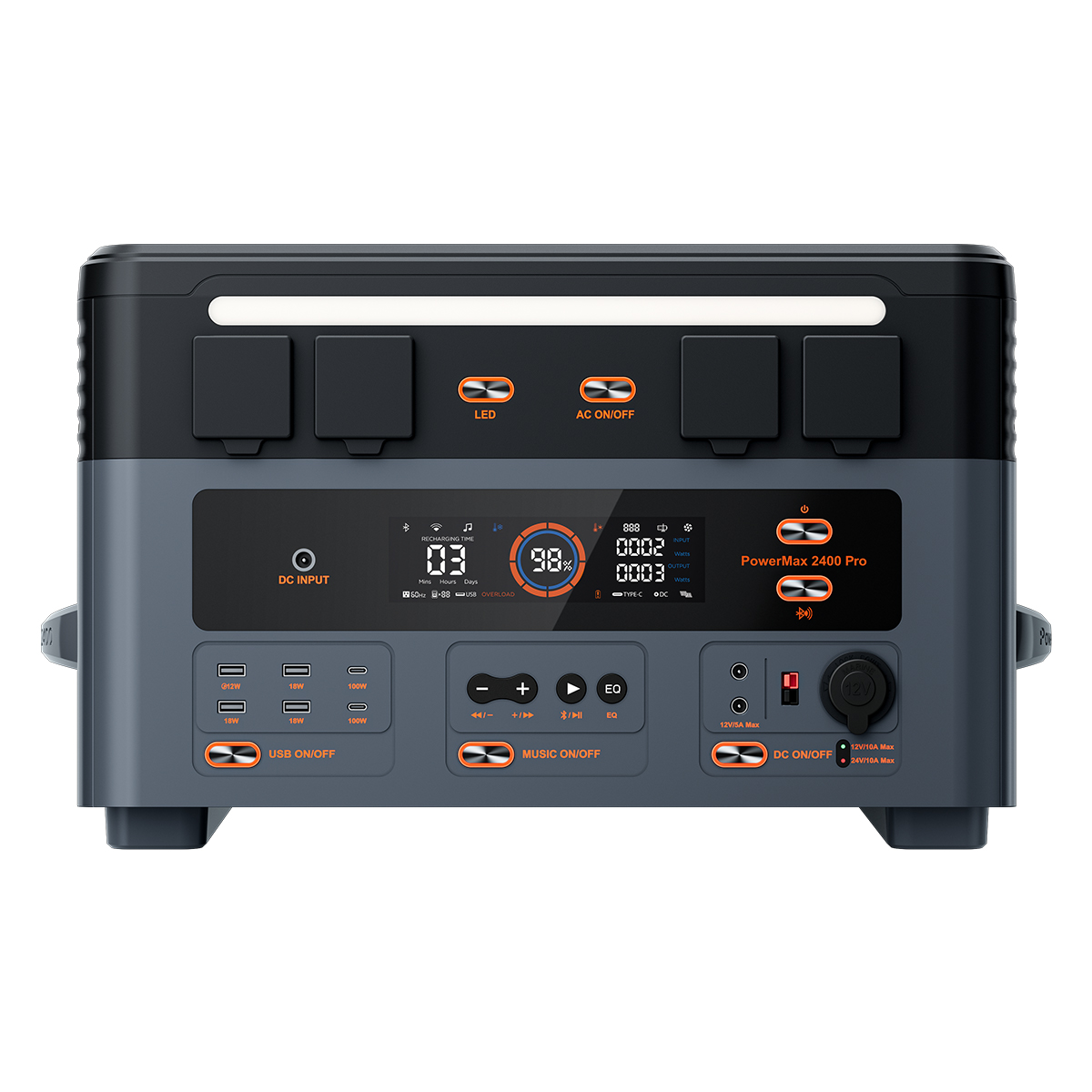 PowerMax 2400 Pro gris y negro con pantalla, puertos y botones.