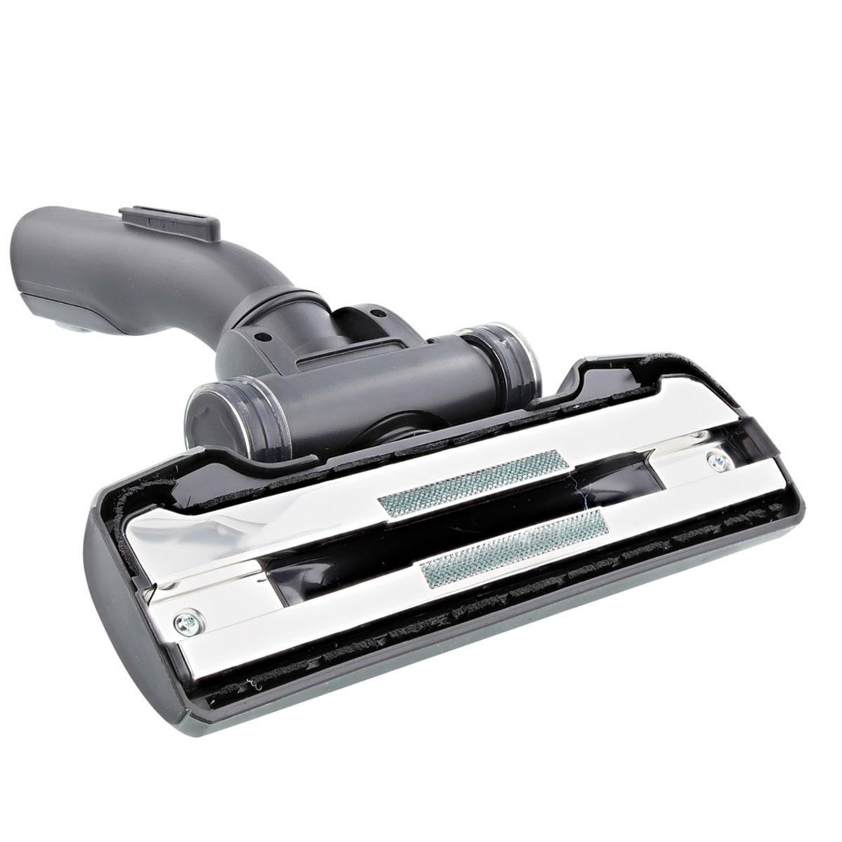 Tête d'aspirateur gris foncé avec accents argentés et brosses.
