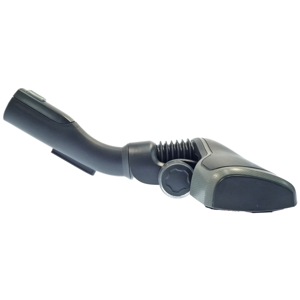 Accessoire d'aspirateur gris avec roue et articulation sur fond blanc.