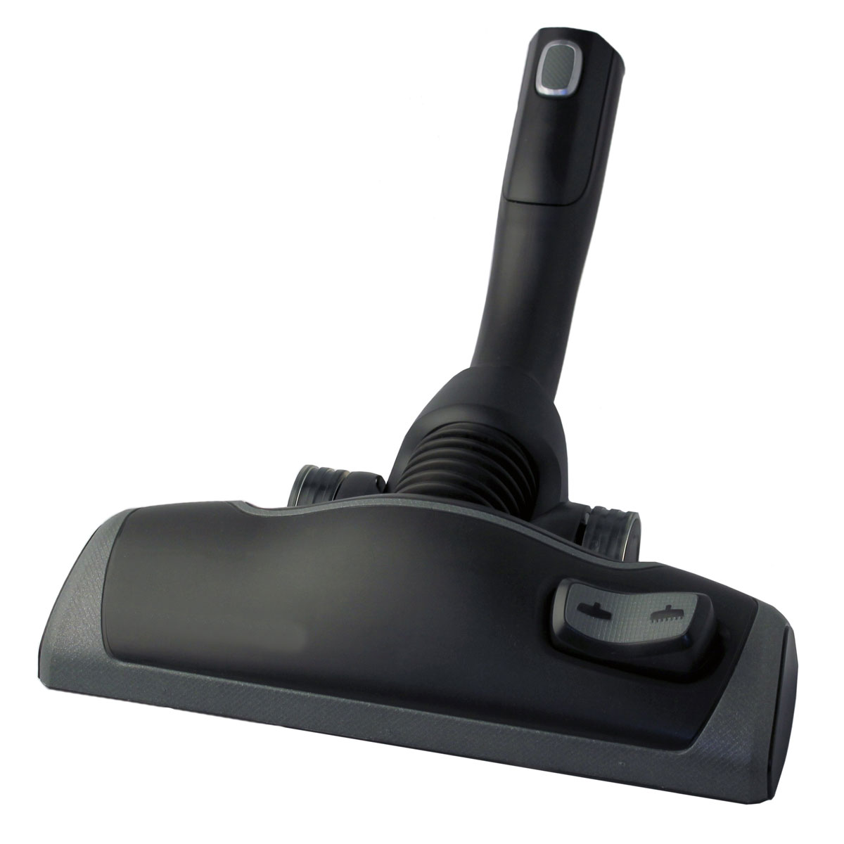 Tête d'aspirateur noire avec manche et boutons sur fond blanc.
