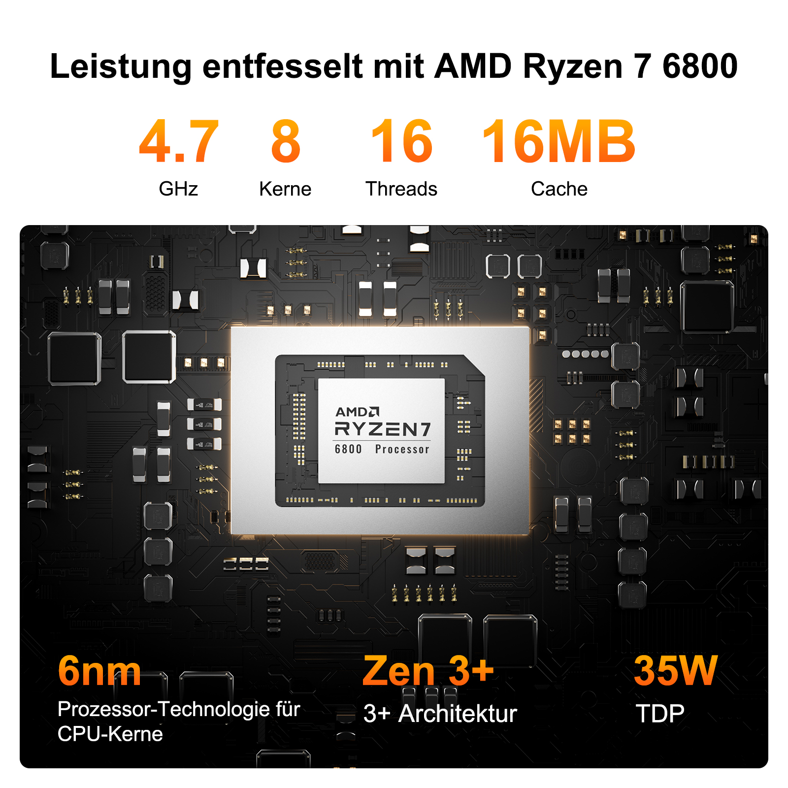 AMD Ryzen 7 6800 Prozessor mit 4.7 GHz, 8 Kernen, 16 Threads, 16MB Cache, 6nm, Zen 3+.