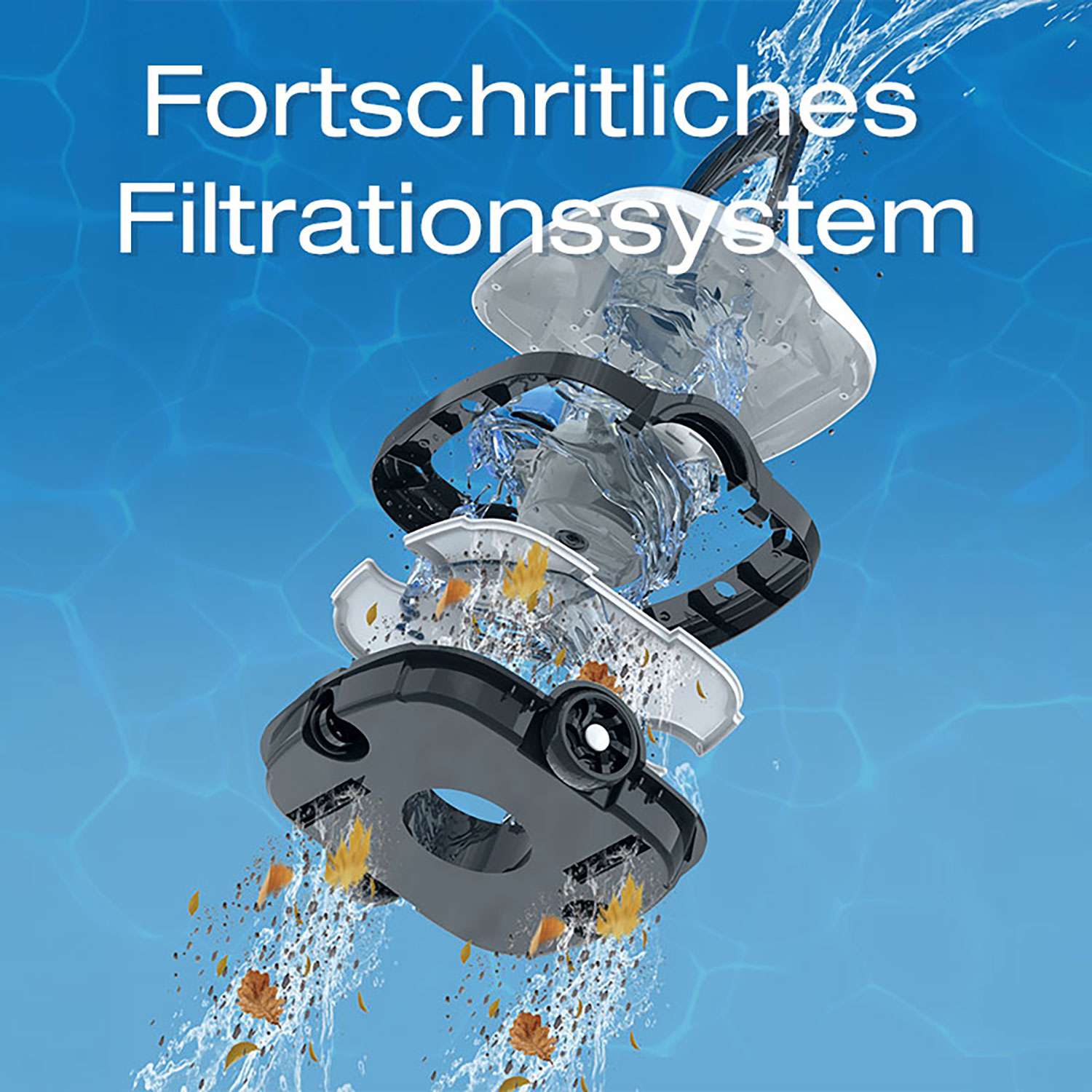 Ein Poolreiniger mit mehreren Filtern und Blättern im Wasser.