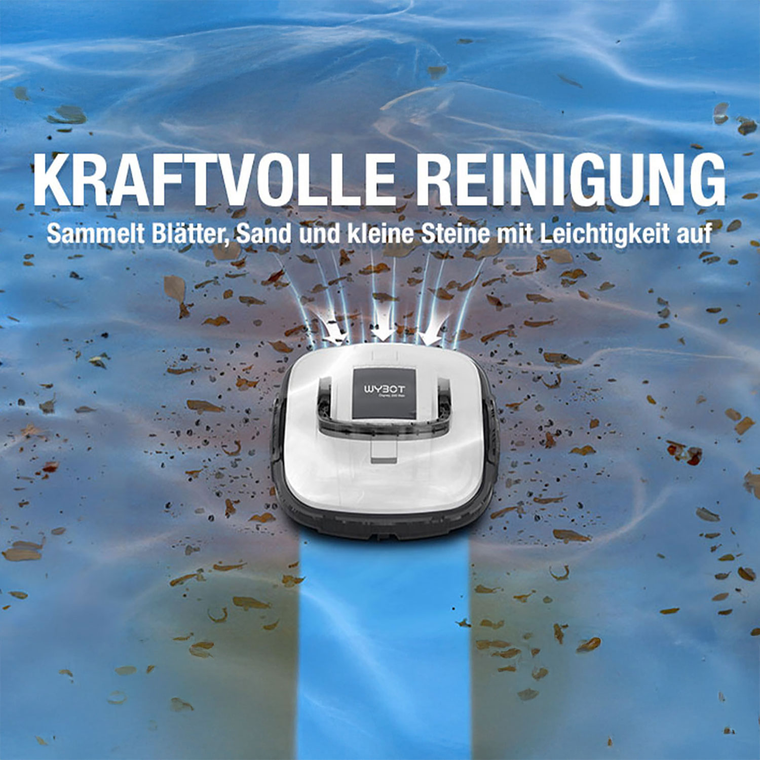 Ein Poolroboter sammelt Blätter und Sand vom Beckenboden.