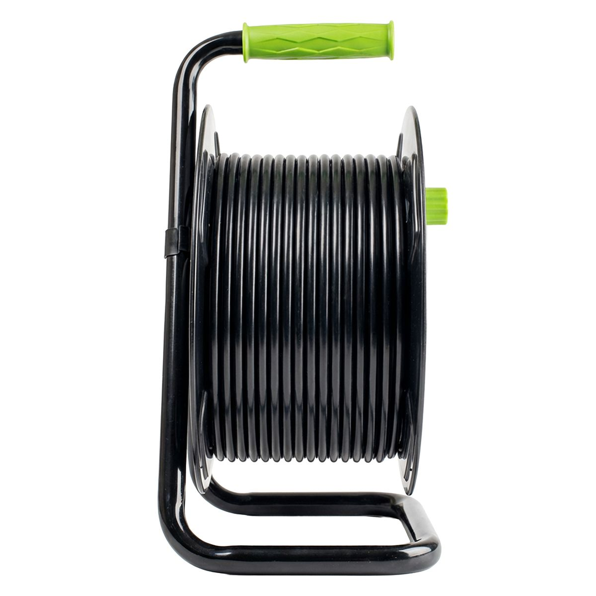Schwarzes Kabel auf einer Spule mit grünem Griff und Ständer.