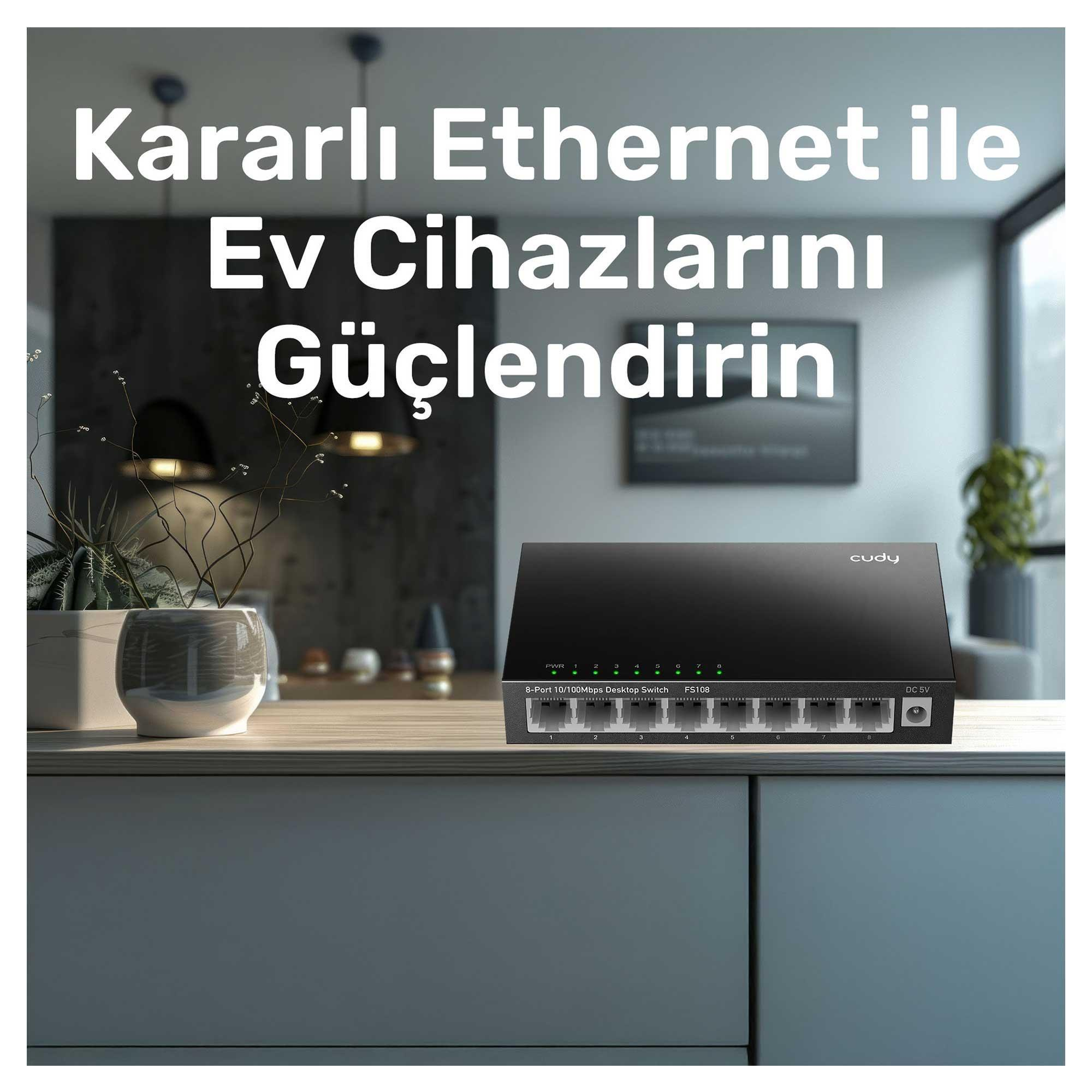 Yeşil gösterge ışıkları ve Cudy logosuna sahip siyah 8 portlu masaüstü switch.