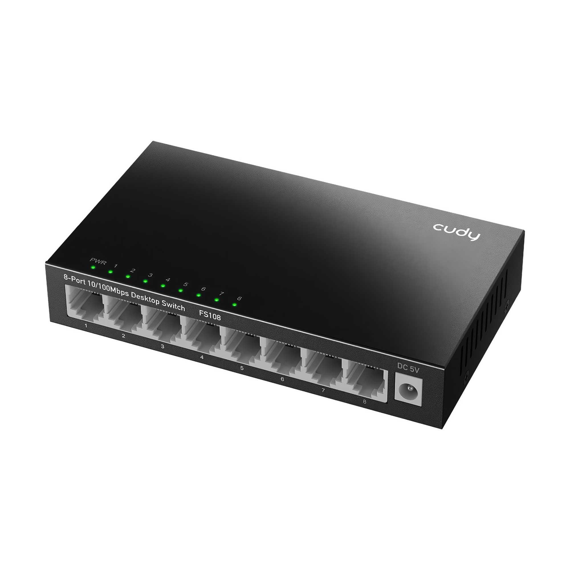 Yeşil durum LED'li siyah 8 portlu Gigabit ağ anahtarı.