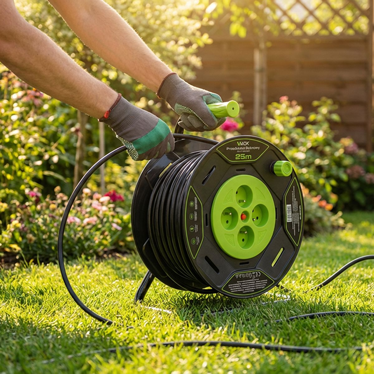 Hände in Handschuhen wickeln ein schwarzes Verlängerungskabel auf einer Spule im Garten auf.