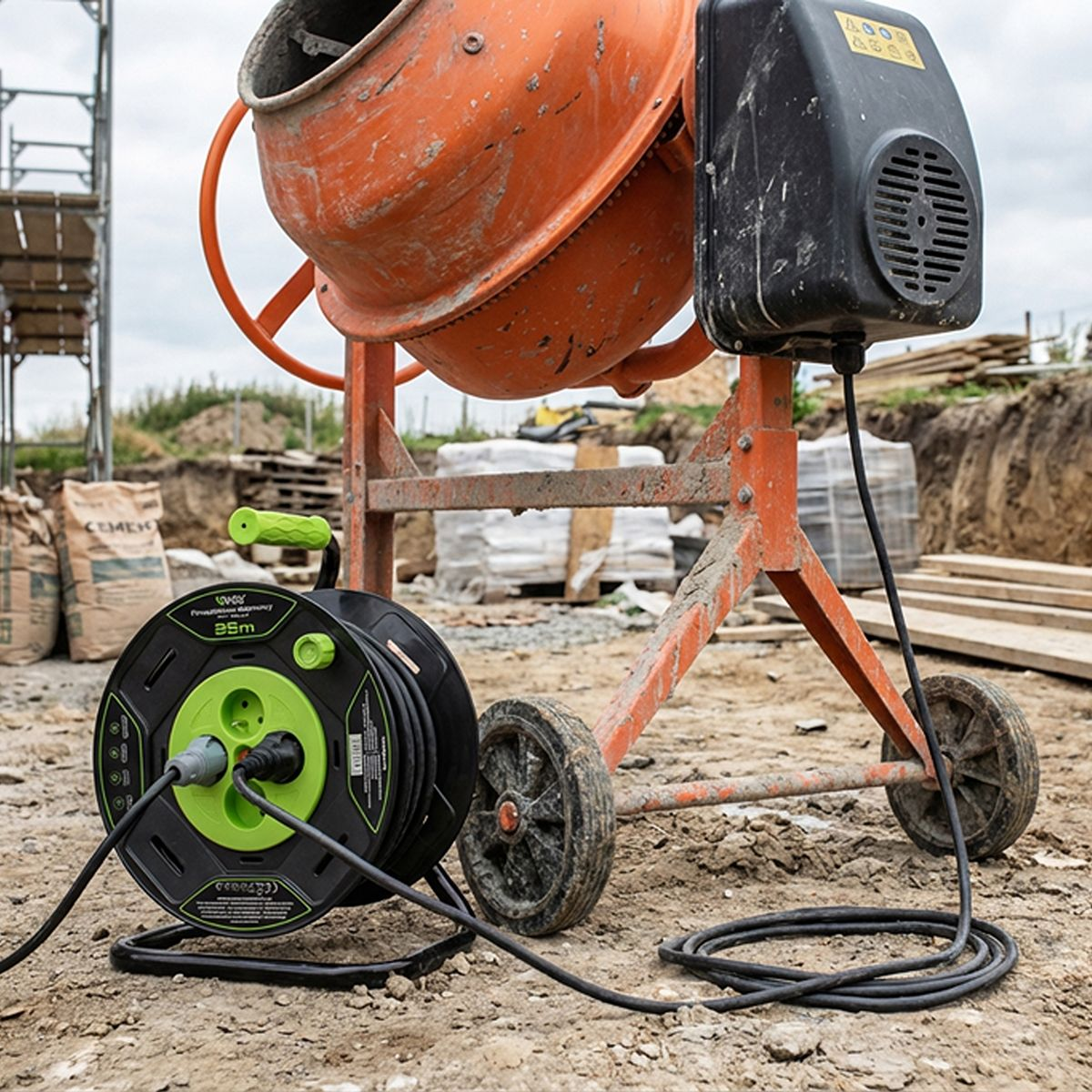 Ein Betonmischer steht auf einer Baustelle mit Kabeltrommel und Zementsäcken.