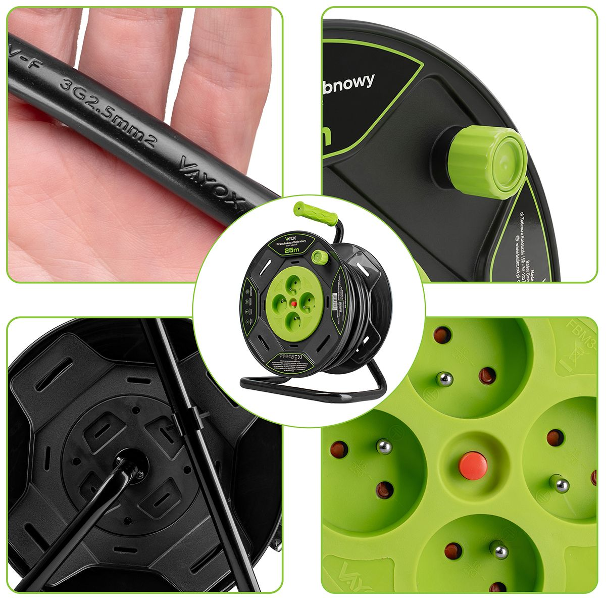 Ein Kabelroller mit grünem Gehäuse, Kabel und Steckdosen.