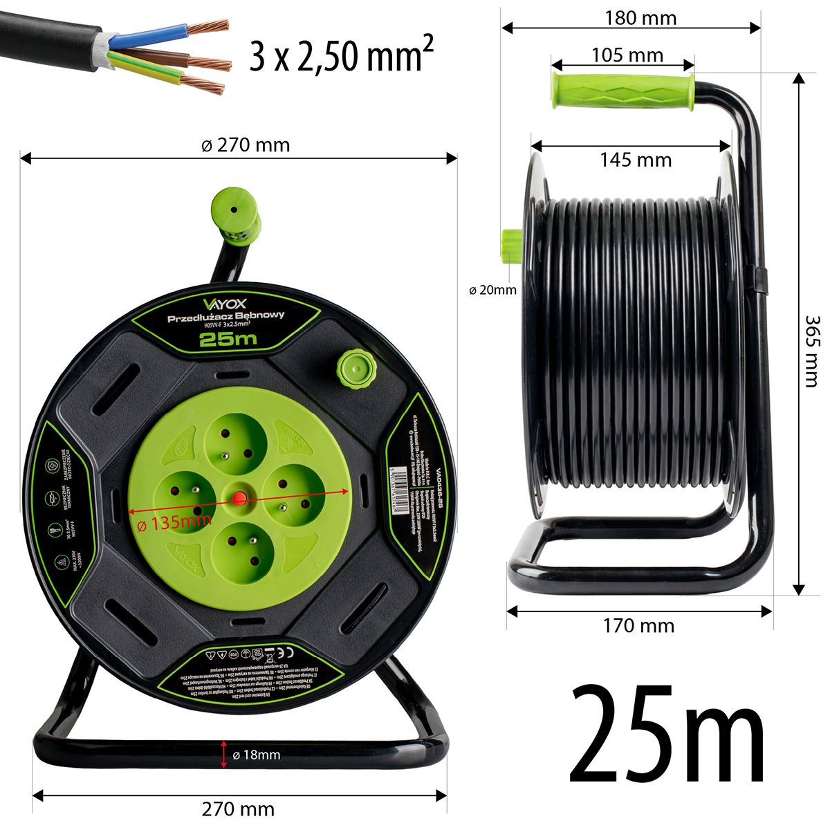 Ein schwarzes Kabel mit drei Leitern und ein Kabelroller mit vier Steckdosen und Maßen.