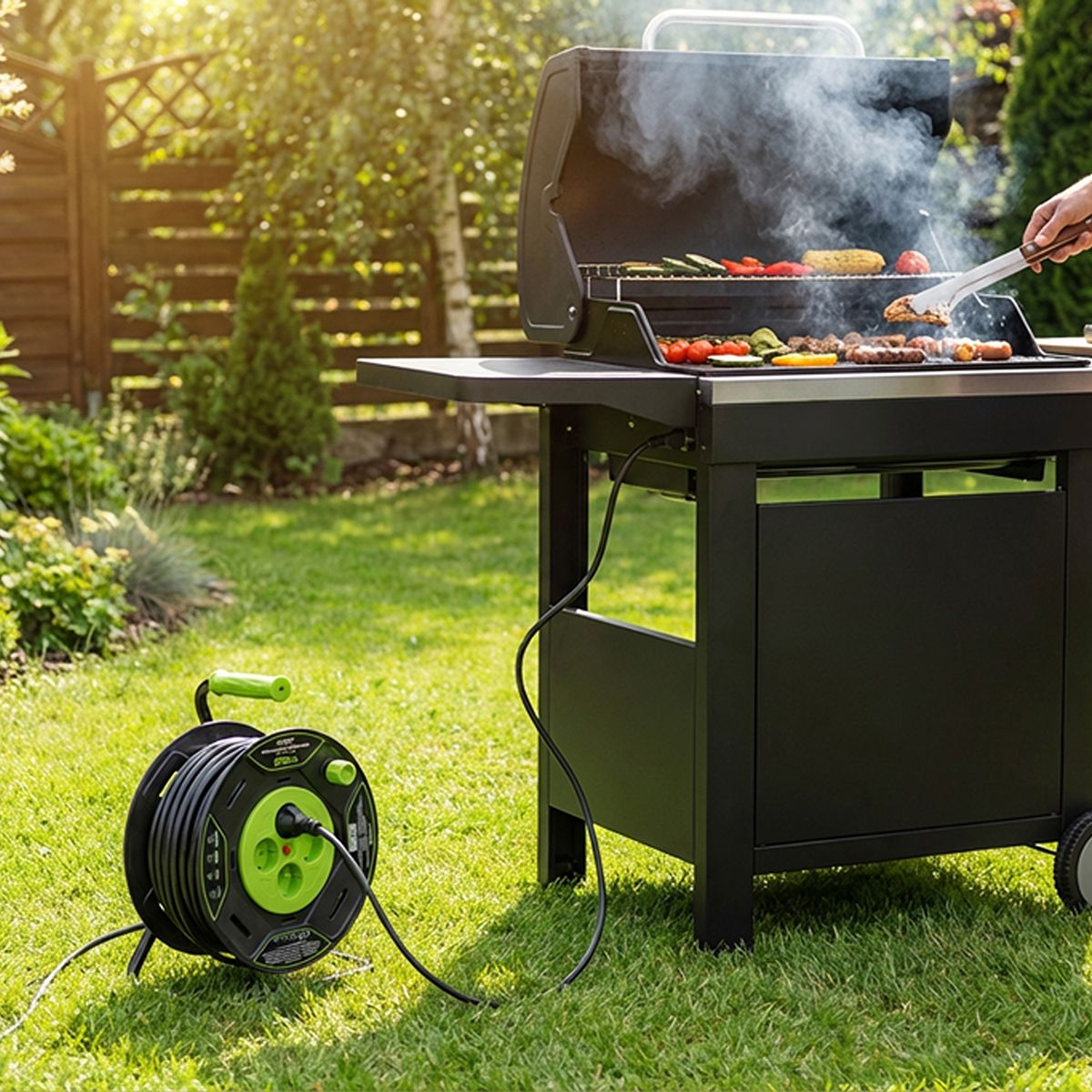 Ein Grill mit kochendem Essen, in einem grünen Garten mit Kabeltrommel.