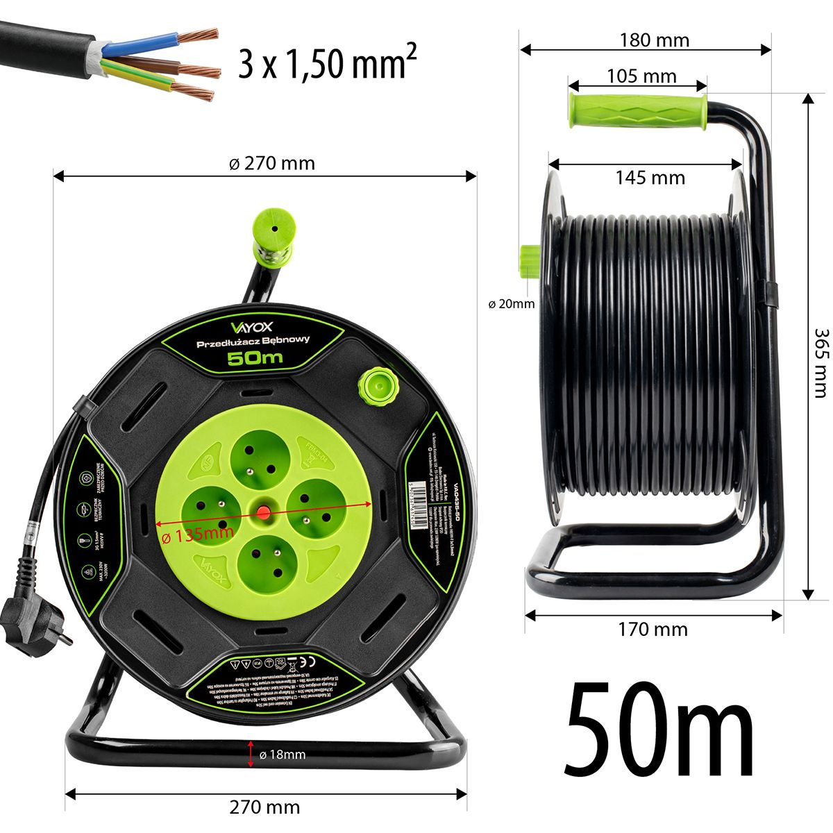 Schwarzer Kabeltrommel mit 50m Kabel, 4 Steckdosen, grünem Griff und Maßen.