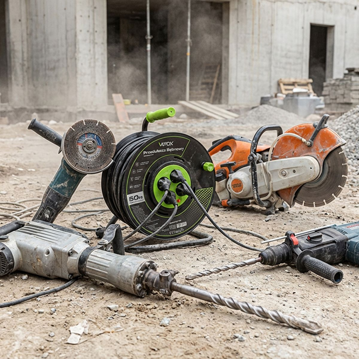 Baustelle mit Winkelschleifer, Kabeltrommel, Trennschleifer und Bohrhämmern.