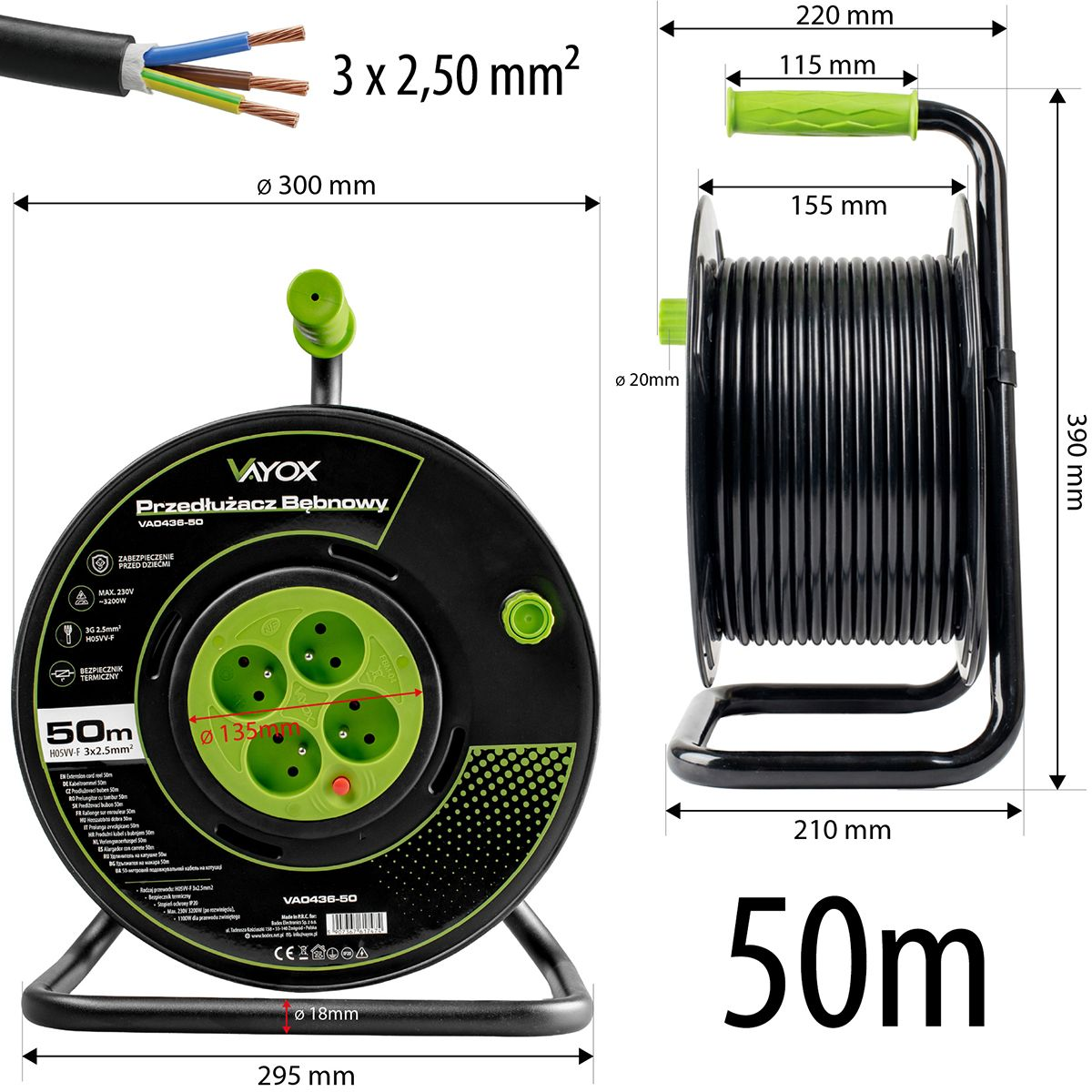 Ein ausrollbares Verlängerungskabel mit 5 Steckdosen, 50 m lang, 3x2,5mm².