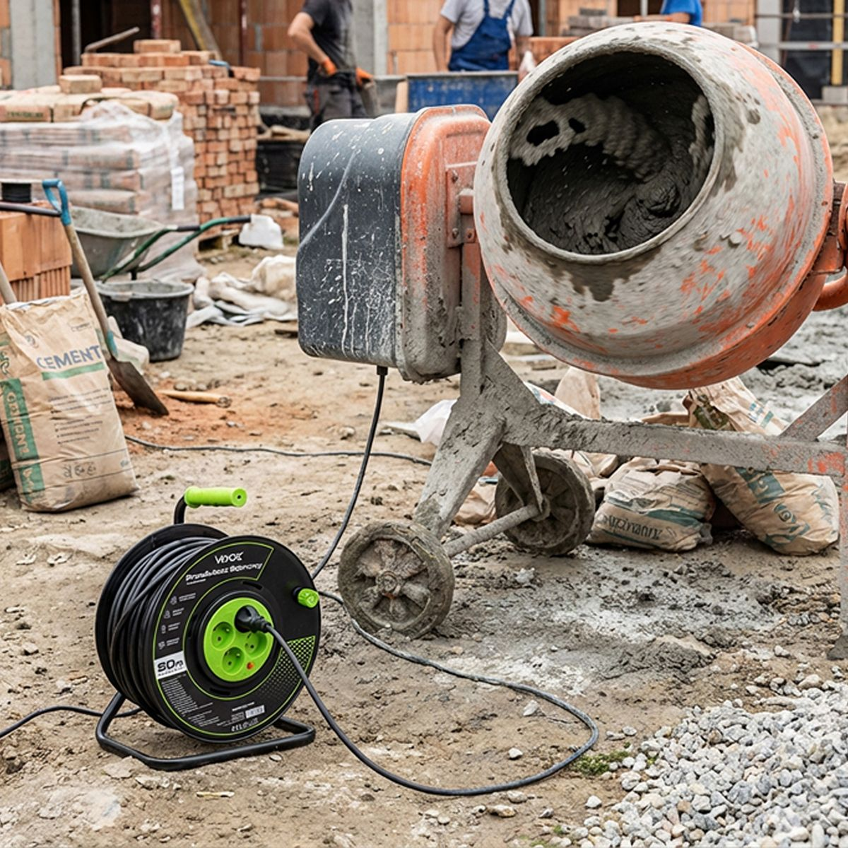 Baustelle mit Betonmischer, Zementsack, Schubkarre und Kabelrolle.