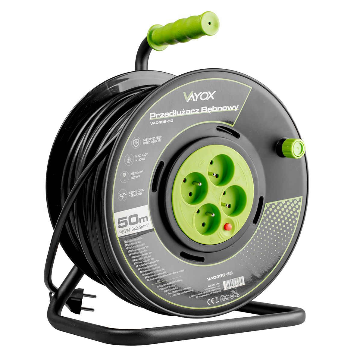 Schwarzes Kabel auf Trommel, grünem Griff. 50m, 4 Steckdosen, 230V.